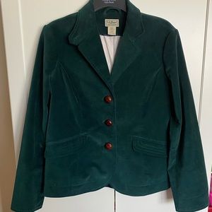 L.L. Bean Women's Velvet Blazer Pine Green Brown Leather Buttons Stretch